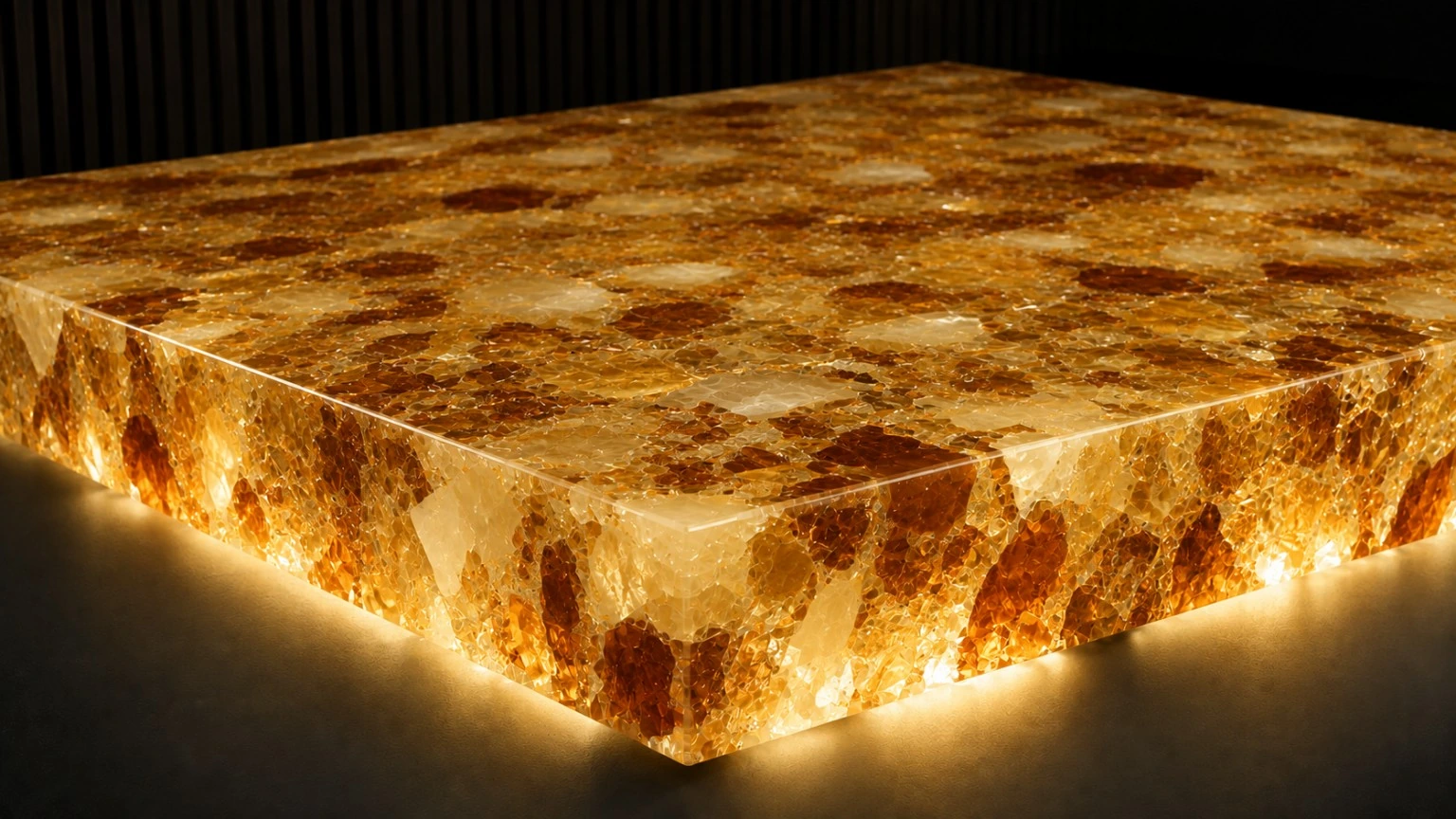Warm amber resin worktop concept with honey and pale translucent fragments