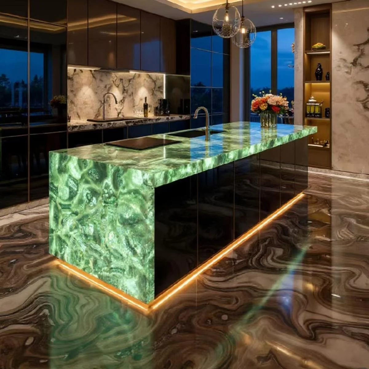 Backlit green stone-effect waterfall island in a dark contemporary kitchen