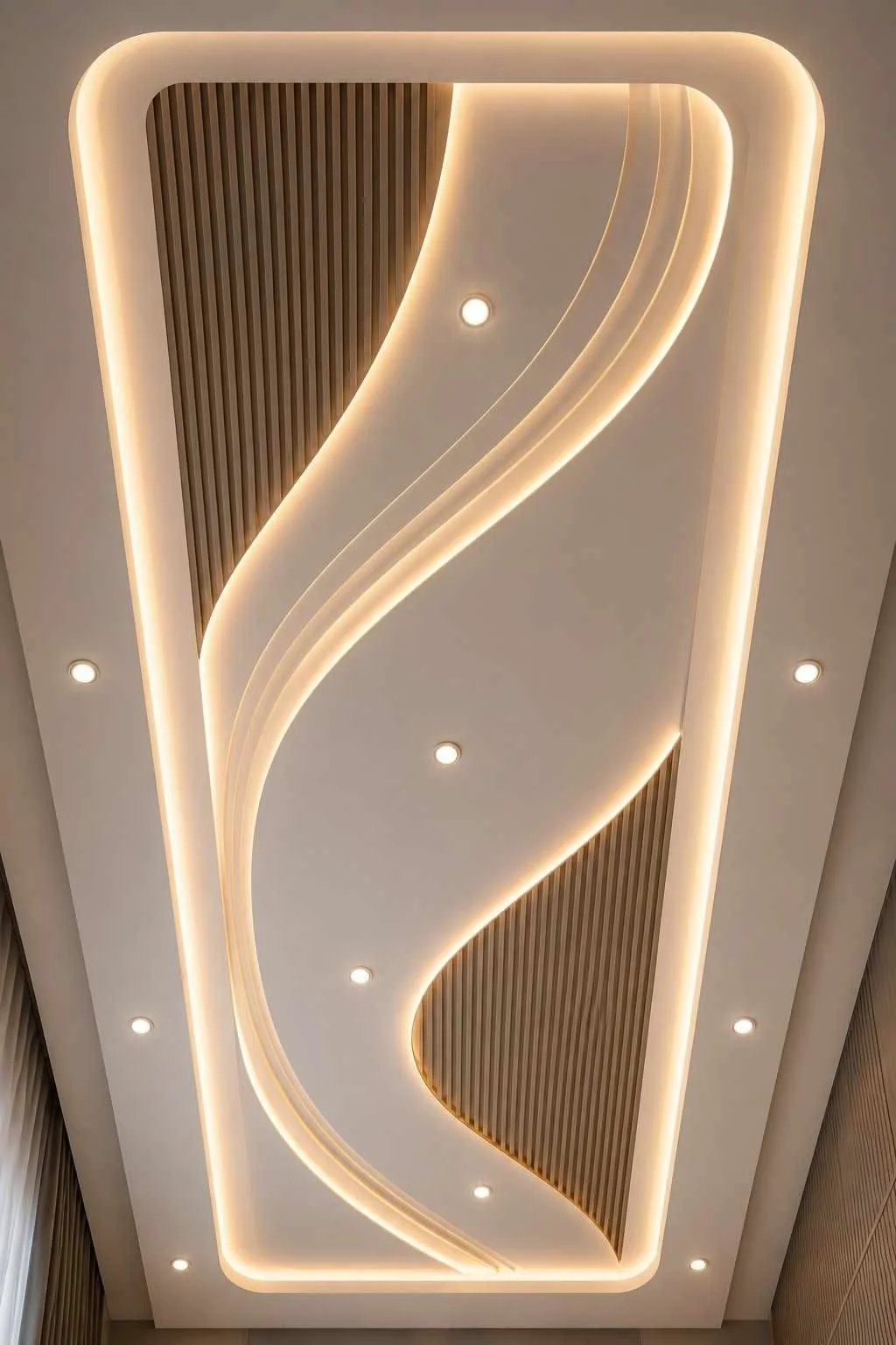 Curved bespoke ceiling feature with flowing recessed lines and concealed LED lighting