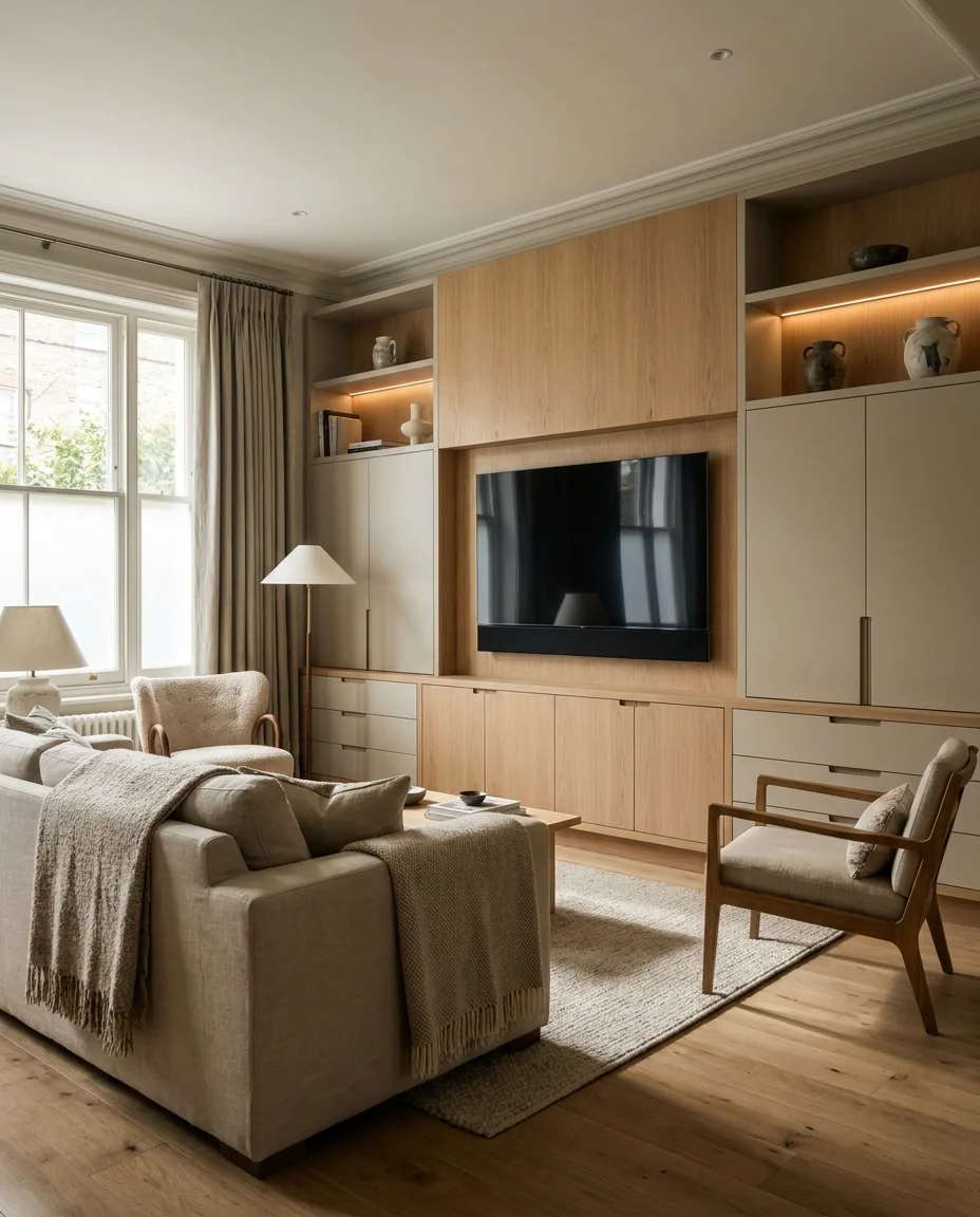 Full-height fitted media wall with television, cupboards and illuminated shelving
