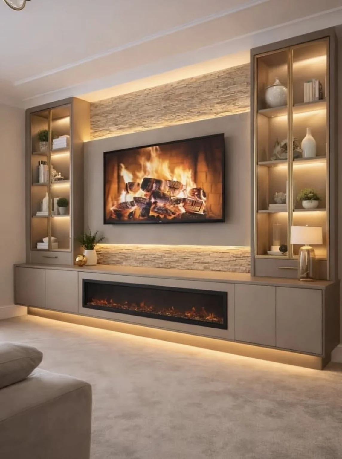 Illuminated media wall with display shelves and integrated electric fireplace