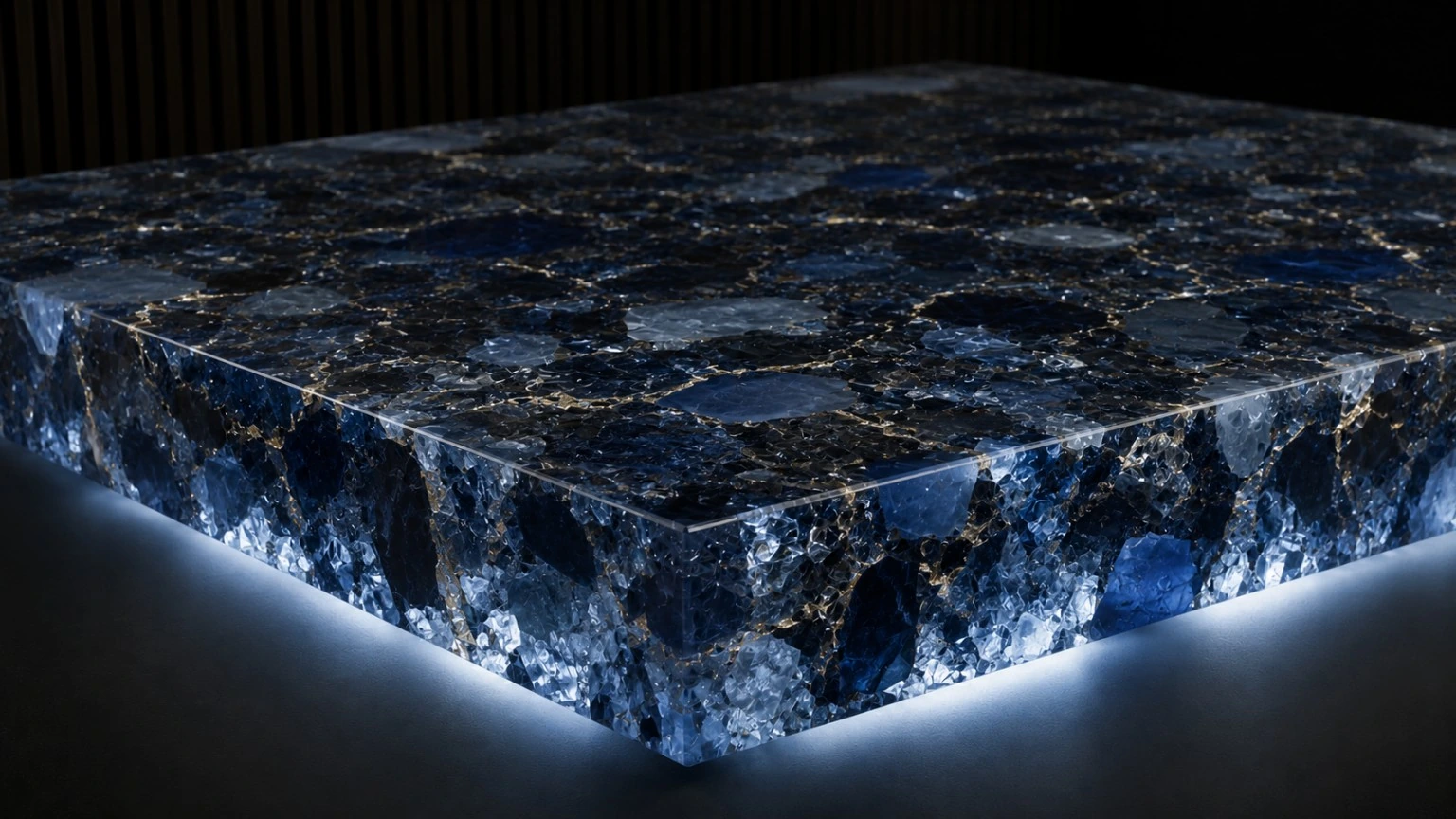 Deep blue translucent resin worktop concept with smoky decorative fragments