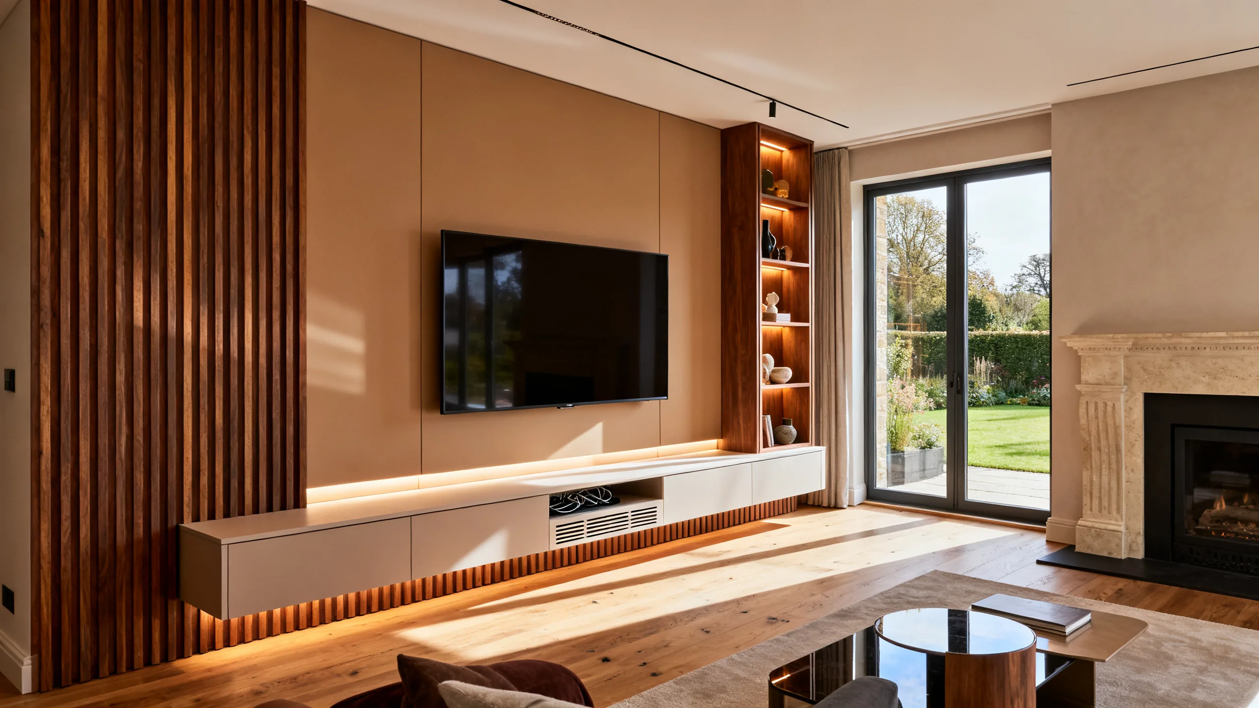 Warm neutral TV wall with floating cabinets, walnut slats and display shelving