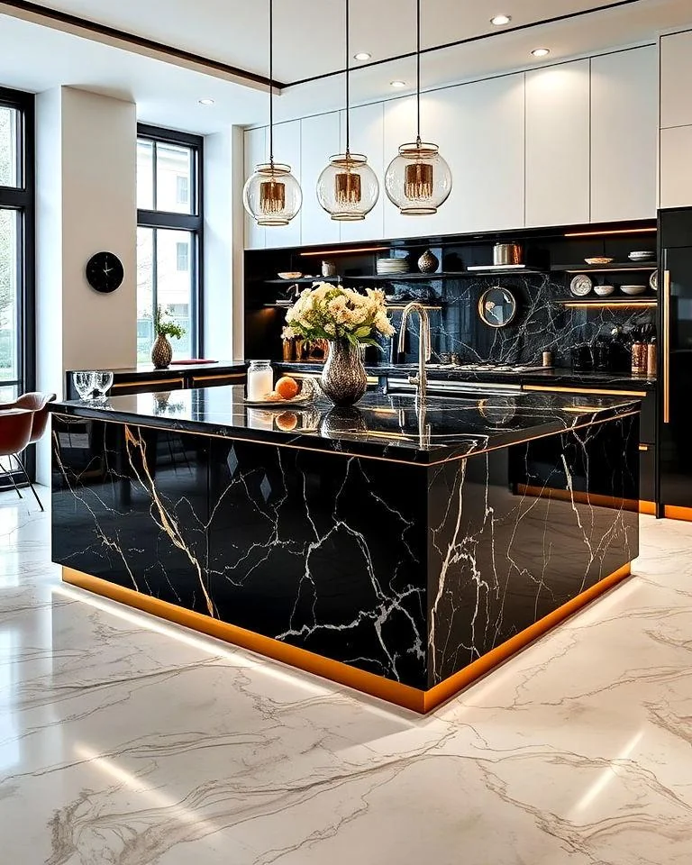 Dark stone-effect kitchen island with fine veining, pendant lights and illuminated plinth