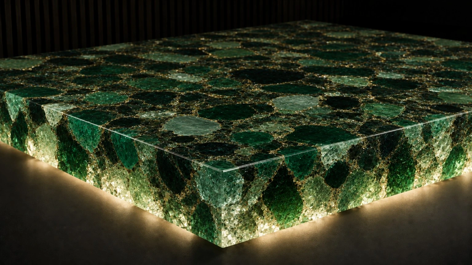 Emerald green resin worktop concept with varied translucent decorative fragments