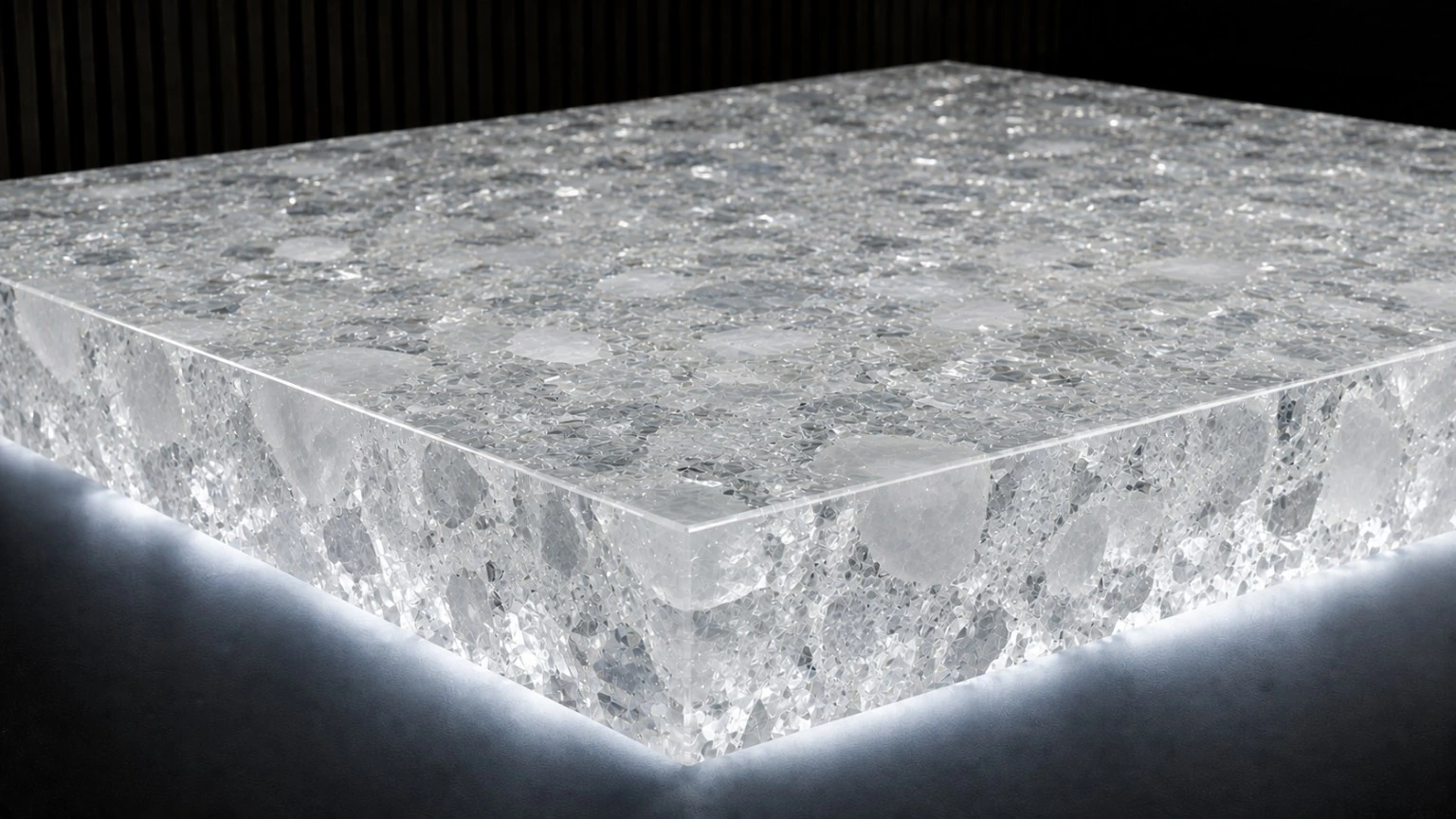 Cool clear resin worktop concept with fractured ice-like decorative fragments