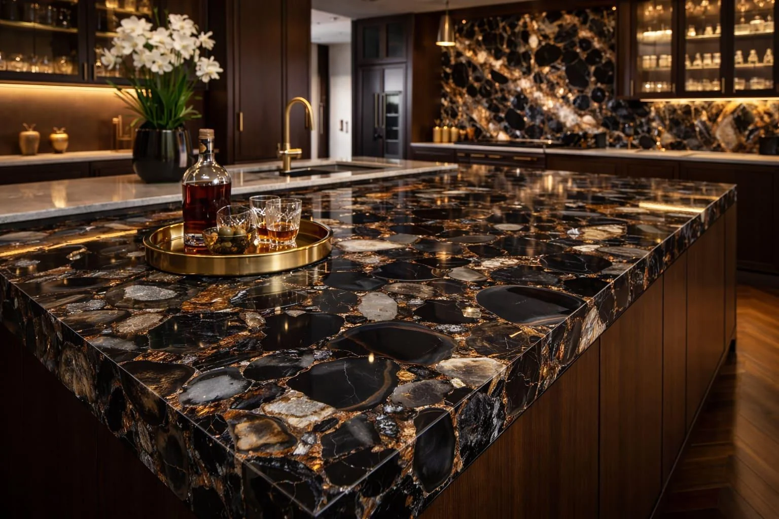 Dark resin-style island surface with warm mineral pattern and timber cabinetry