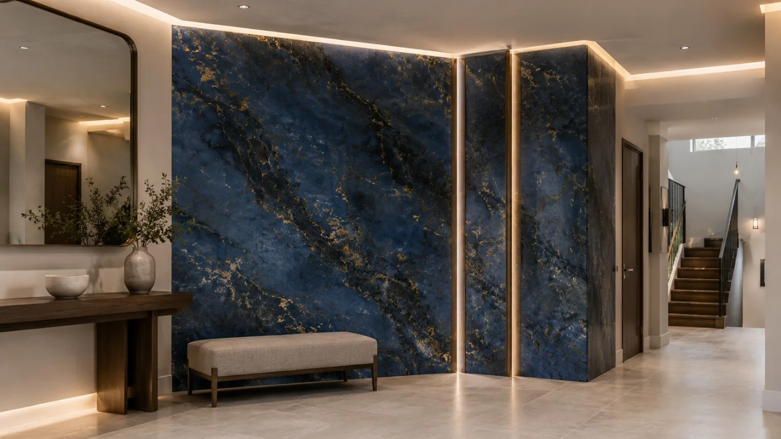 Blue stone-effect feature wall with slim gold-toned details and integrated lighting