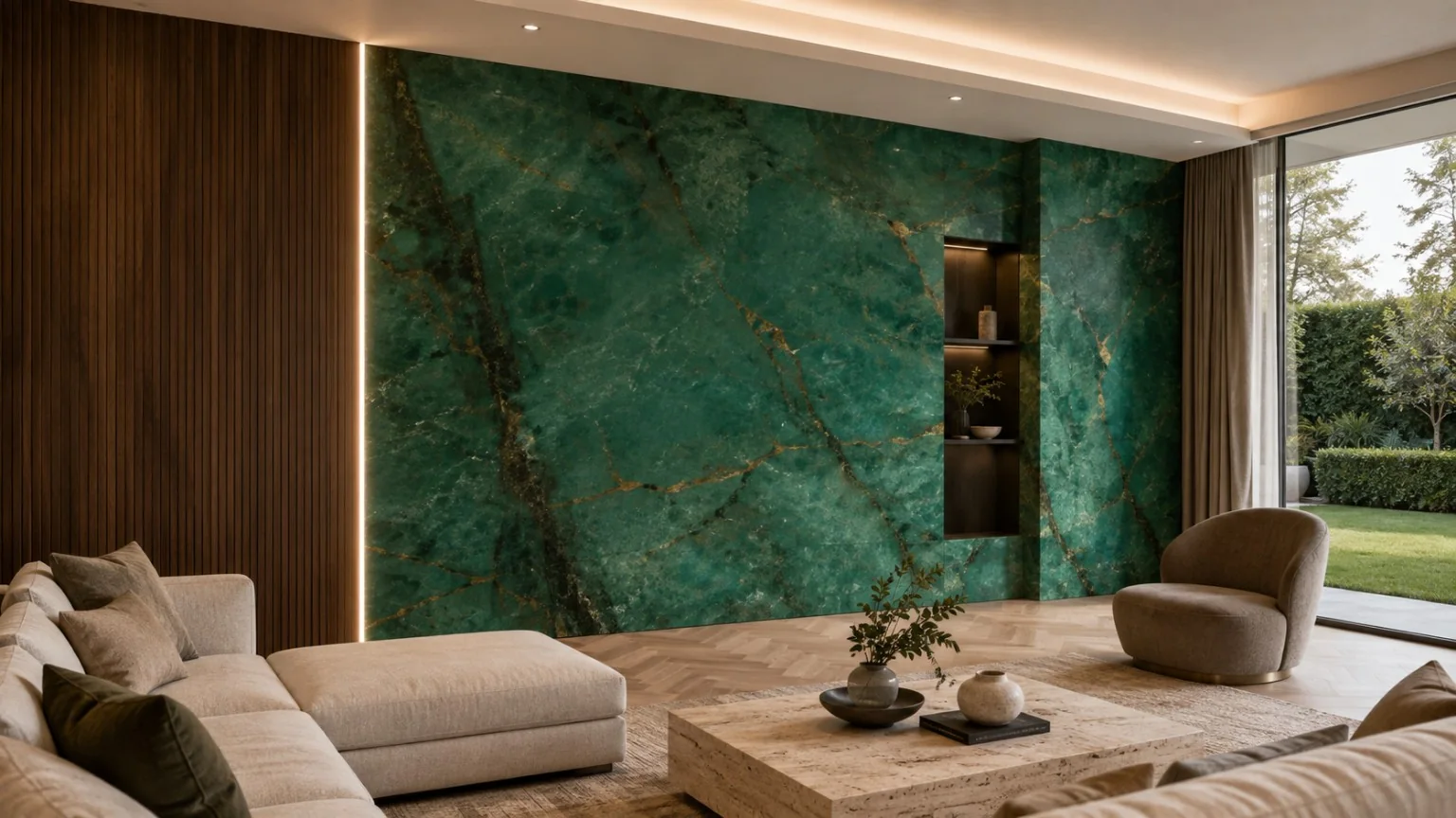 Emerald green stone-effect feature wall with dark framing and illuminated details