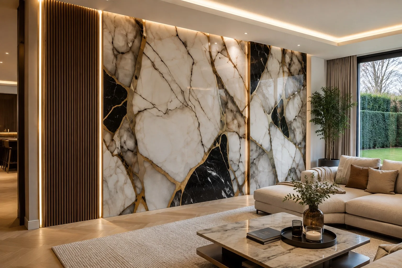 White and black decorative wall composition with fine gold-toned accents