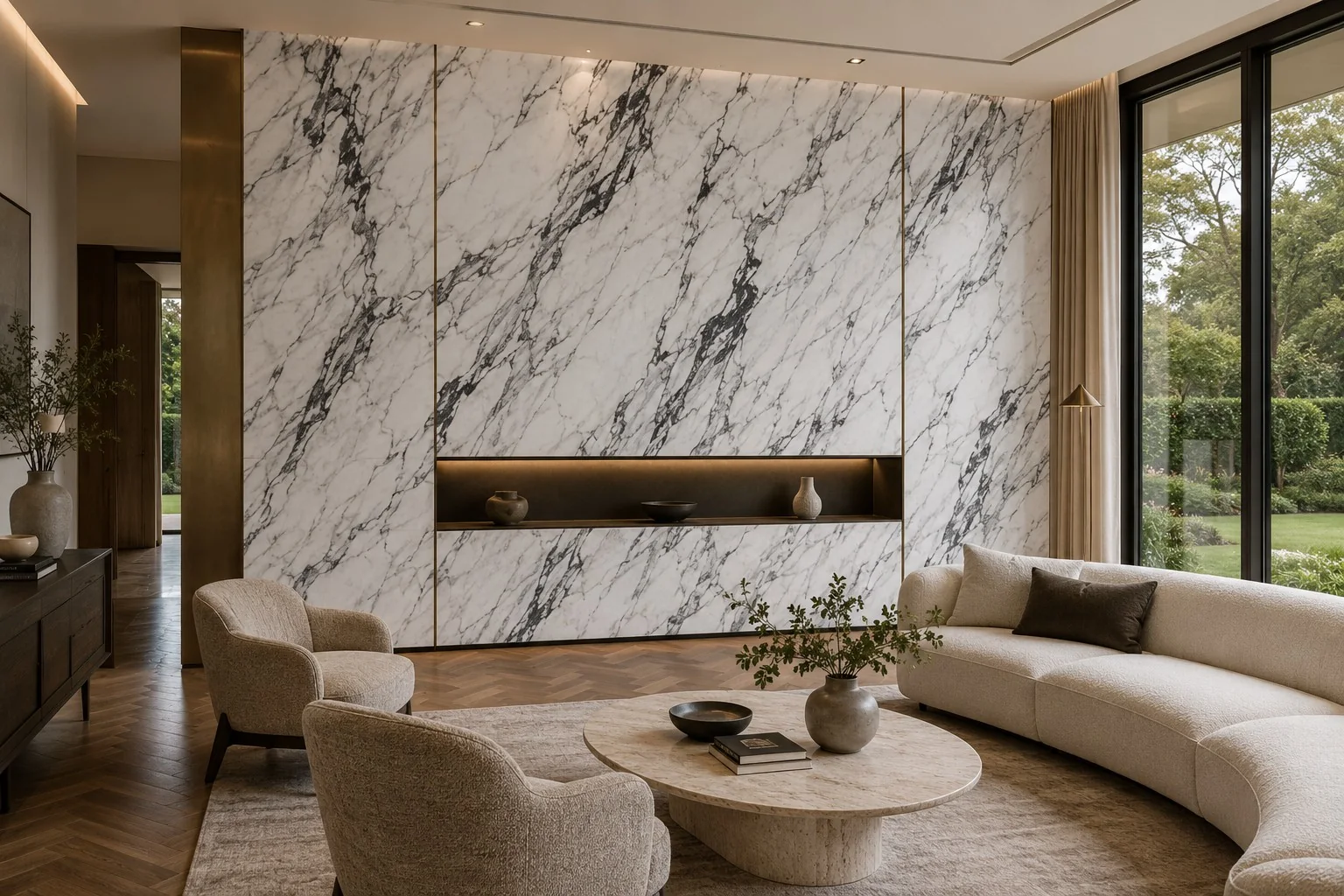 White marble-effect architectural wall with recessed details and warm lighting