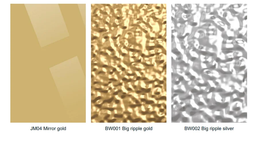 Material reference showing mirror gold, textured gold and textured silver finish directions