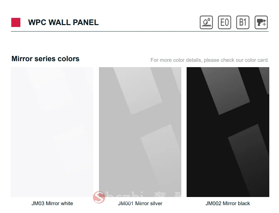 Material reference showing white, silver and black reflective panel finishes