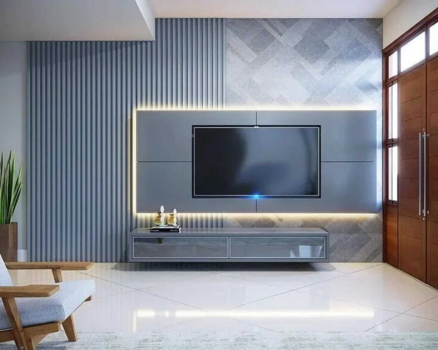 Modern grey TV wall with illuminated feature panel and floating cabinet