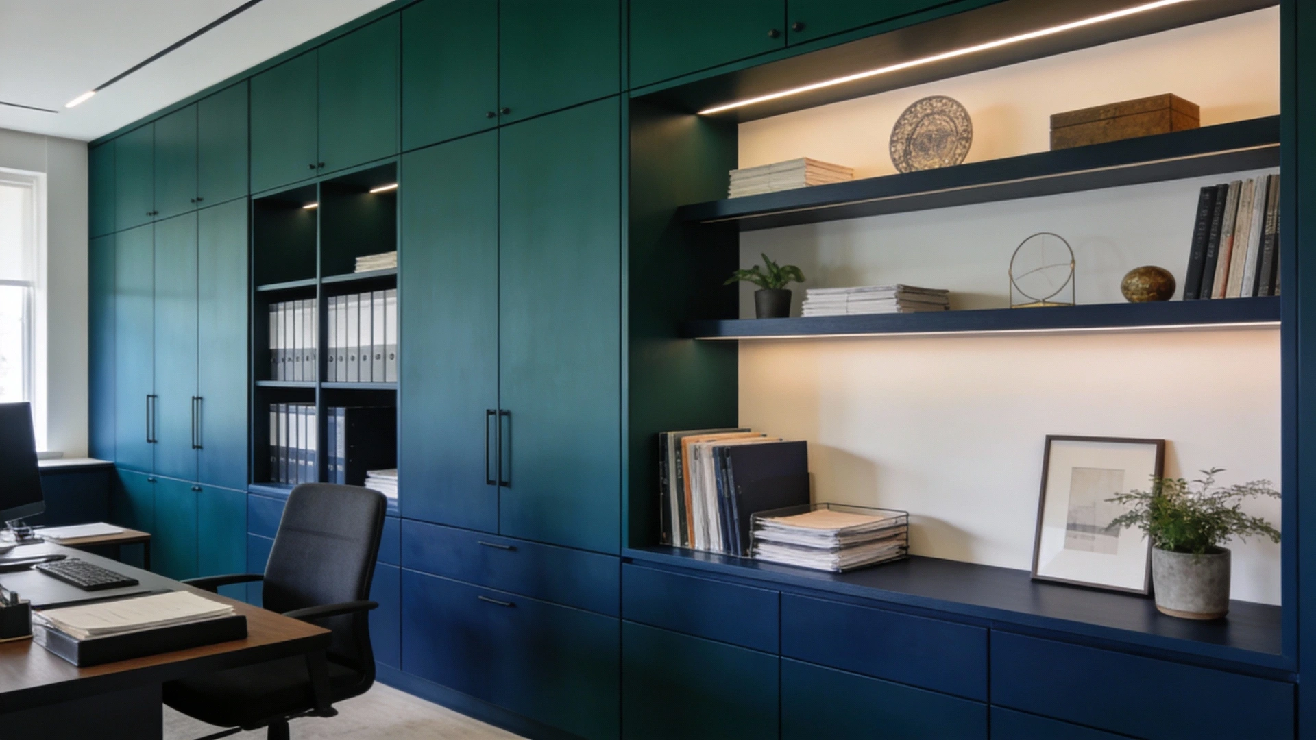 Organised home office with built-in filing cabinets and shelving