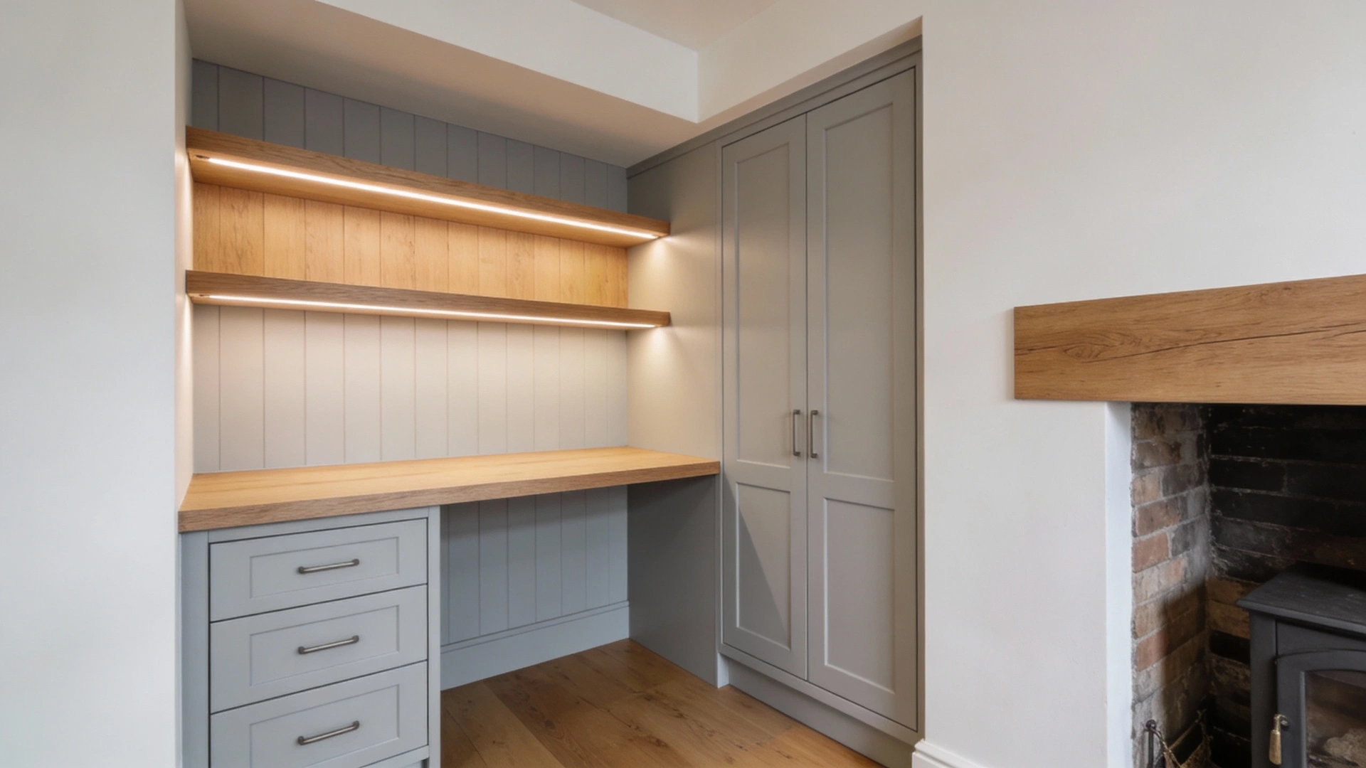 Compact home office maximizing space with fitted desk and storage