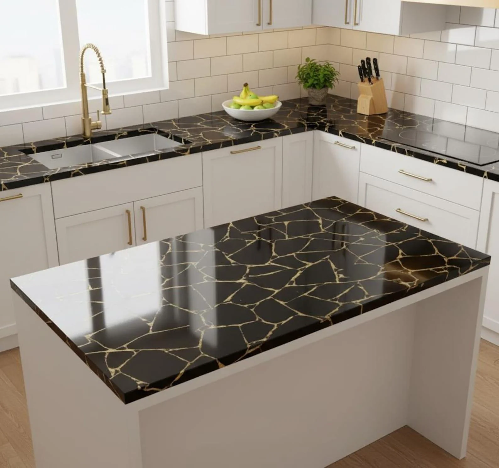 White kitchen with a freestanding island and contrasting dark mineral-effect surface