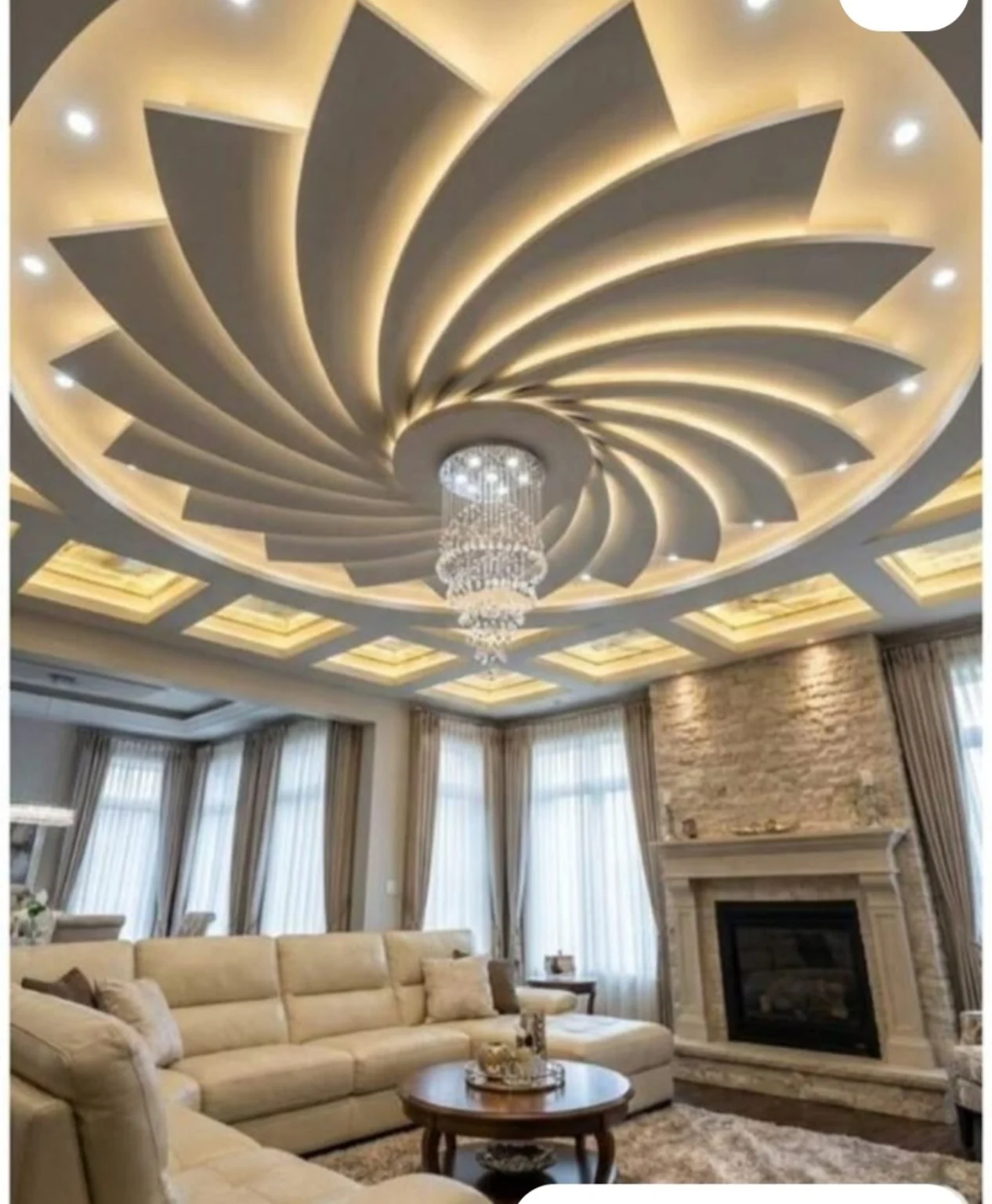 Statement petal-shaped ceiling feature with layered forms and integrated lighting