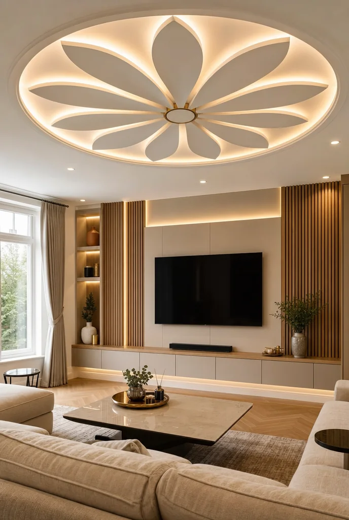 TV feature wall with timber slat panels, display shelving and illuminated ceiling detail