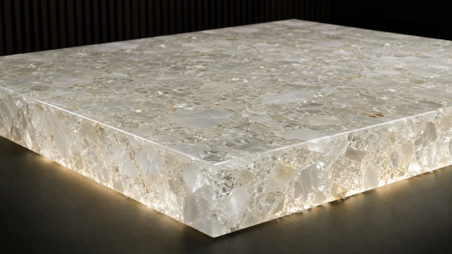 Pale translucent resin worktop concept with clear and white decorative fragments