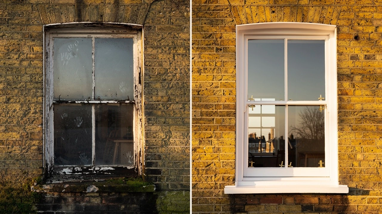 Sash window restoration before and after Taunton