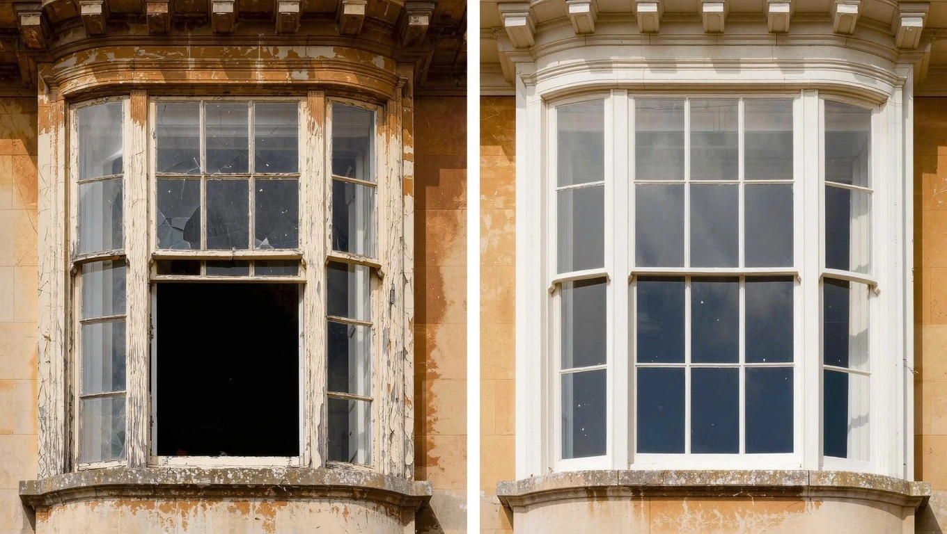 Bay window restoration heritage property Tiverton